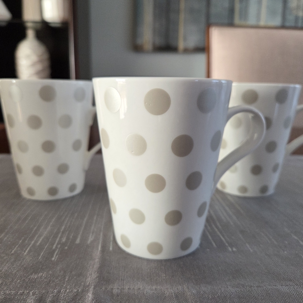 Crate&Barrel White and Silver Polka Dot Mugs